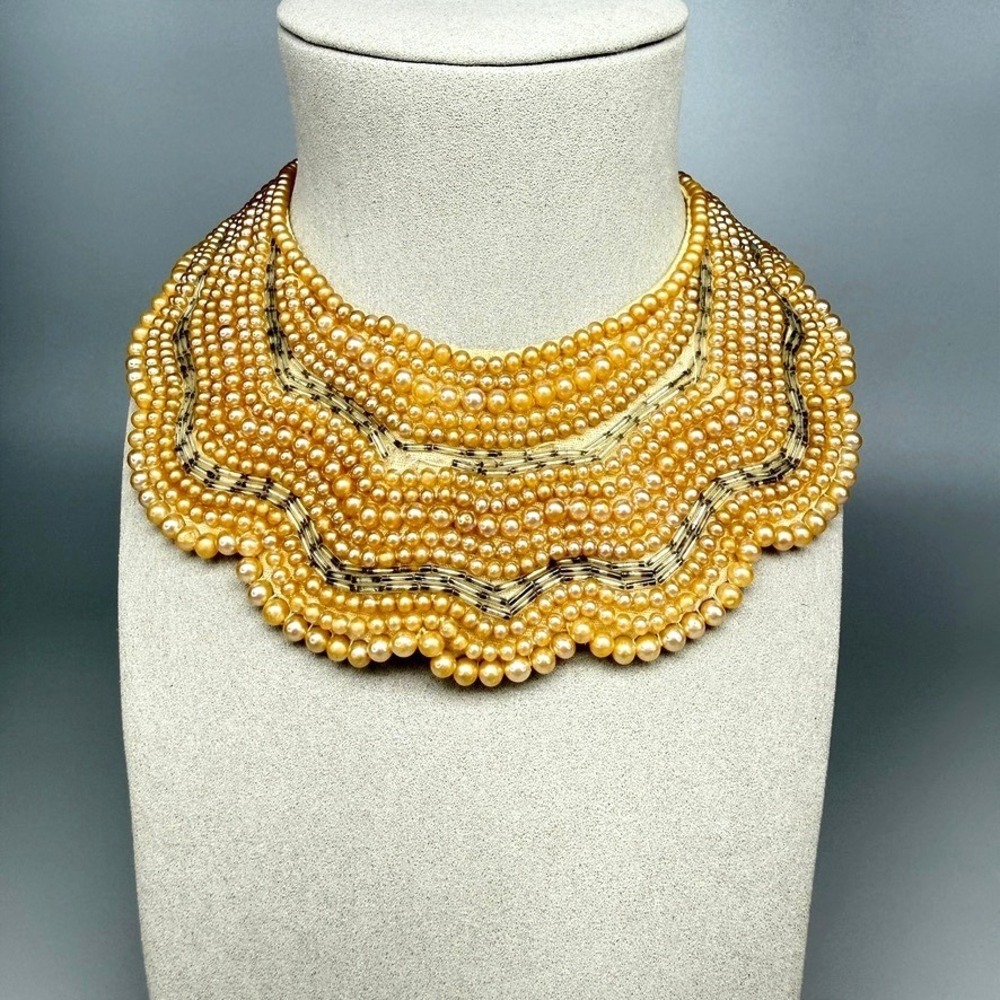 Vintage Faux Pearl Beaded Collar Bib Necklace Satin Baar & Beards Top Hits 14"